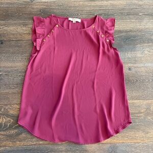 LOFT Berry Ruffle Sleeve Shell with Gold Buttons